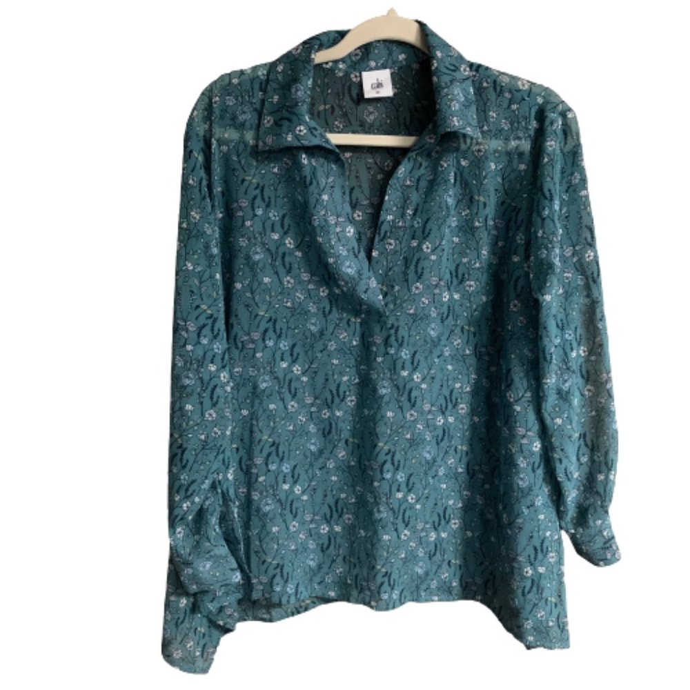 CAbi Chase Field of Flowers X-Small Sheer Long Sleeve V-Neck Blouse EUC - Picture 2 of 13
